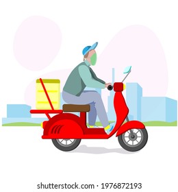 Food delivery man with yellow backpack on a scooter on the way to deliver food. fast courier delivering food.Vector illustration in flat style