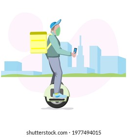 Food delivery man with yellow backpack on his back on a monowheel on the way to deliver food. Fast courier delivering food.Vector illustration in flat style