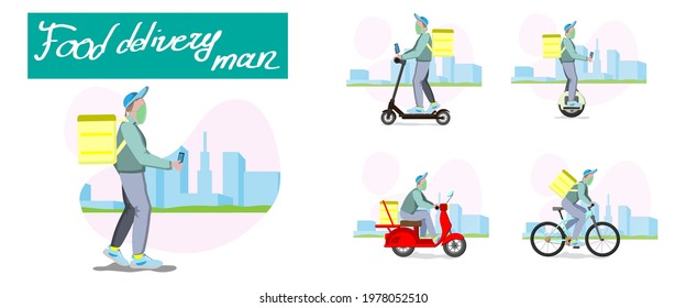 Food delivery man with yellow backpack on a various vehicles on the way to deliver food. Fast courier delivering food.Vector illustrations in flat style