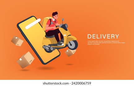 Food delivery man in yellow uniform sits on scooter or motorcycle with a box 