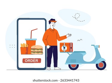 Food delivery man. Young guy near scooter with box. Online shopping and home delivery. Transportation and logistics. Courier delivers fast food. Linear vector illustration