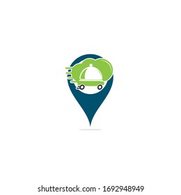 Diseño del logotipo del concepto de la forma del alfiler del mapa de entrega de alimentos. Señal de servicio de entrega rápida. Logotipo de entrega en el restaurante de pedido de comida en línea.	

