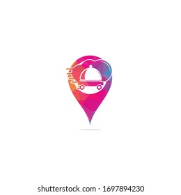 Diseño del logotipo del concepto de la forma del alfiler del mapa de entrega de alimentos. Señal de servicio de entrega rápida. Logotipo de entrega en el restaurante de pedido de comida en línea.	
