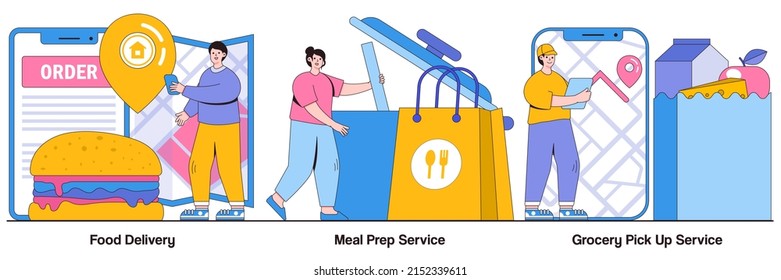 Food delivery, meal prep service, grocery pick up service concepts with people characters. Quarantine food essentials supply abstract vector illustrations pack. Product shipping metaphor.
