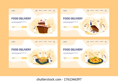 Food delivery menu web banner set. European and Asian cuisine. Tasty food for breakfast, lunch and dinner. Food delivery service. Isolated vector illustration