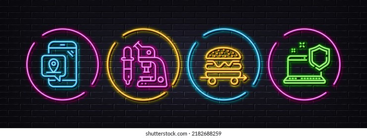 Food delivery, Microscope and Pin marker minimal line icons. Neon laser 3d lights. Computer security icons. For web, application, printing. Burger, Laboratory science, Place point. Vector