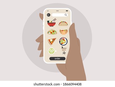 Food delivery mobile app, a choice of ramen, tacos, avocado toast, croissant sandwich, pizza, sunny side up, matcha or boba tea