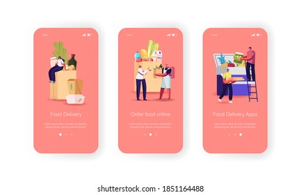 Food Delivery Mobile App Page Onboard Screen Template. Tiny Couriers Characters Bring Bags with Grocery Products to Clients, Cafe or Store Shipping Service Concept. Cartoon People Vector Illustration