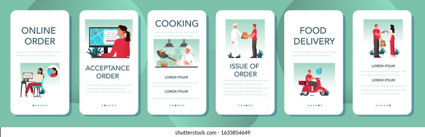 Food delivery mobile application banner set. Online delivery concept. Order in the internet. Add to cart, pay by card and wait for courier on moped. Vector illustration in cartoon style