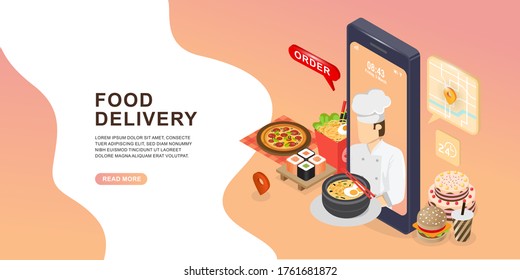 Food Delivery Mobile Phone. Chef as business owner get through mobile screen for serving food.