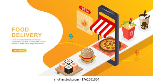 Food Delivery Mobile Phone. Online food order infographic. E-commerce concept.