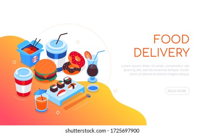 Food delivery - modern colorful isometric web banner with copy space for text. An illustration with snacks, sushi and wok, hamburger, donuts and drinks. Online ordering, cafe or restaurant menu themes