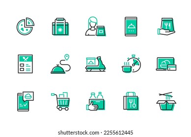 Food delivery - modern line design style icons set. Online ordering lunch, pizza, wok, drinks and groceries idea. Cafe and restaurant takeaway menu, mobile app, shopping cart, route and payment