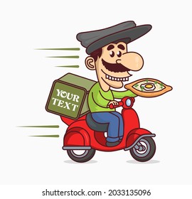 Food delivery moto scooter. Georgian driver with backpack behind back is on his way to deliver food. Courier on scooter delivering food with khachapuri. Quick shipping of goods to customers. 
