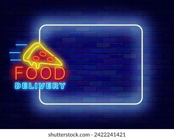 Food delivery neon announcement. Online order. Empty white frame and typography with pizza slice. Fast transportation. Shiny advertising. Copy space. Editing text. Vector stock illustration