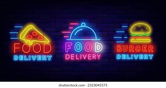 Food delivery neon labels collection. Pizza and burger. Glowing advertising. Catering service. Shiny banners on brick wall. Cafe and restaurant menu transportation. Vector stock illustration