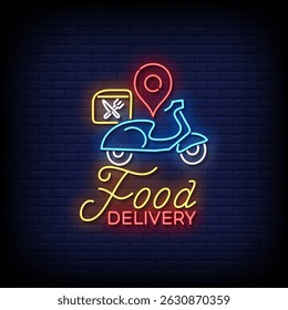 food delivery neon sign with brick wall background vector