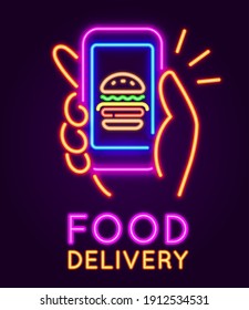 Food delivery neon sign. Glowing banner with hand holding smartphone with burger. Mobile app for online fast food cafe order vector concept. Finger touching screen to buy meal in application