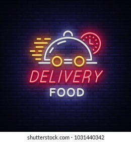 Food delivery neon sign. Logo in neon style, light banner, luminous symbol, bright nightlife neon advertising food delivery for your projects. Vector illustration