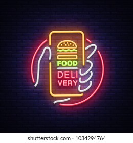 Food Delivery neon sign. Smartphone in hands, ordering food through smartphone, symbol in neon style, light banner, bright night neon advertising food delivery. Design template. Vector illustration