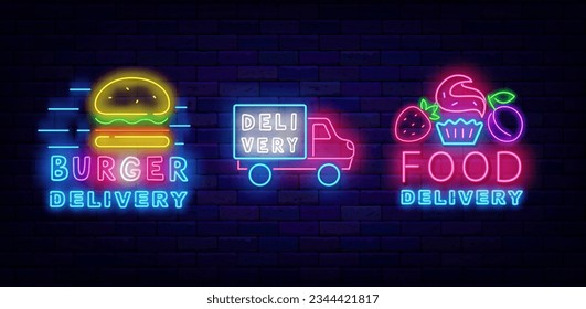 Food delivery neon signs collection. Cupcake and burger. Glowing advertising. Catering service. Cargo order. Shiny banners. Cafe and restaurant menu transportation. Vector stock illustration