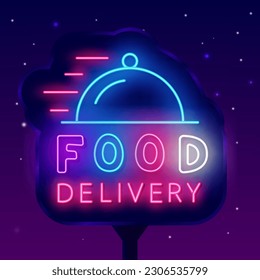 Food delivery neon street billboard. Glowing outdoor advertising. Catering service. Shiny sign. Cafe and restaurant menu transportation. Vector stock illustration