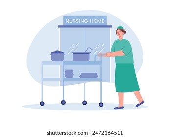 A food delivery nurse is pushing a trolley carrying meals for patients. Character design. Vector flat illustration