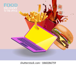 Food delivery to the office. French fries lemonade and cheeseburger on the laptop. Vector banner