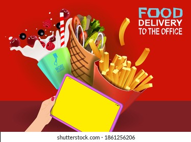 Food delivery to the office. French fries Doner kebab and milkshake at the computer. Vector banner