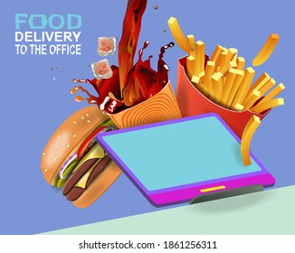  Food delivery to the office. French fries cheeseburger and lemonade are poured into a glass. Vector banner