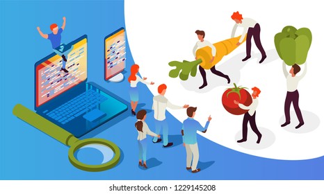 Food delivery to office - modern cartoon people characters illustration. Healthy eating in business lunch. Isometric flat design