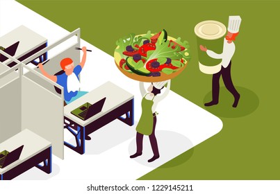 Entrega de comida a la oficina - moderna caricatura personajes ilustración. Comer sano en el almuerzo de negocios. Diseño plano isométrico