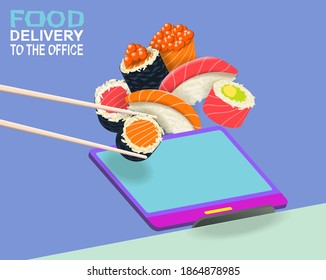 Food delivery to the office. Order sushi on a web site on your computer. Vector banner