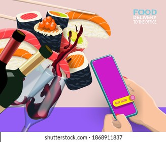 Food delivery to the office. Order sushi and wine via the mobile app. Vector banner