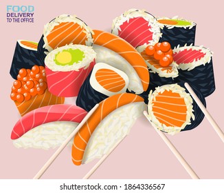 Food delivery to the office. Set of sushi and rolls for lunch. Vector banner