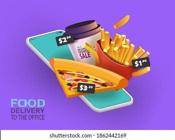 Food delivery to the office. A slice of pizza a Cup of coffee and French fries. Vector banner