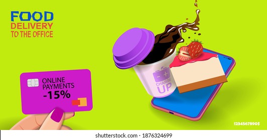 Food delivery to the office. Spilling coffee from a cup and strawberry shortcake.. Vector banner