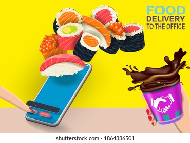 Food delivery to the office. Sushi rolls order online with delivery. Vector banner