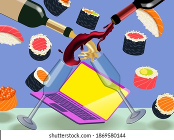 Food delivery to the office. Two glasses of red wine and sushi. Vector banner