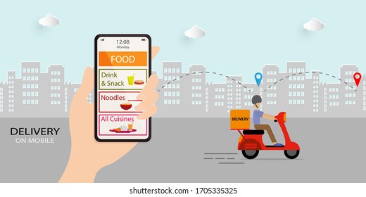 Food delivery on mobile. E-commerce concept. Online food order infographic. Webpage, mobile app templates, vector illustration flat design. 
