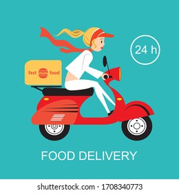 Food delivery on a scooter with a courier girl. Vector image