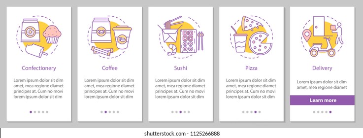 Food delivery onboarding mobile app page screen with linear concepts. Confectionery, coffee, sushi, pizza steps graphic instructions. UX, UI, GUI vector template with illustrations