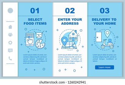 Food delivery onboarding mobile web pages vector template. Online meal ordering. Select items, setting address, home delivery. Responsive smartphone website interface. Webpage walkthrough step screens