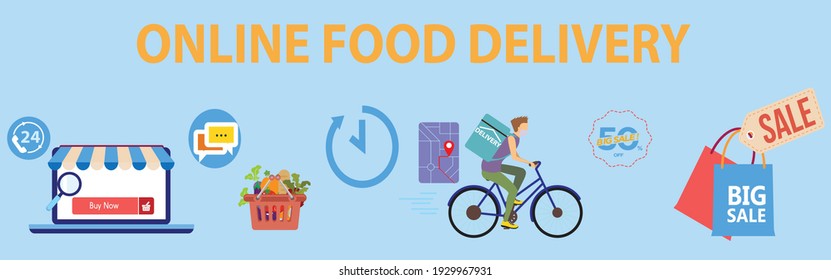 Food delivery online banner with shop online and bicycle courier