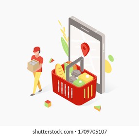 Food delivery, online grocery shopping concept. Courier hold parcel and stand near large supermarket grocery cart, smartphone with map mark. Trendy flat 3d isometric style. Vector illustration.