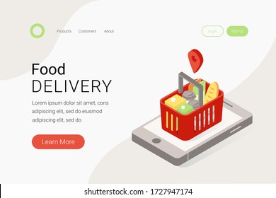 Food delivery, online grocery shopping concept. Large supermarket grocery cart, smartphone with map mark. Trendy flat 3d isometric style. Landing page template. Vector illustration.