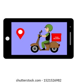 Food delivery online. Landscape with food couriers driving on a scooter. Fast delivery vector concept