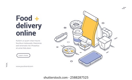 Food delivery online modern isometric line art web banner template. Collection of fast food items, including a takeaway bag, drinks, snacks, and a smartphone. Landing page template