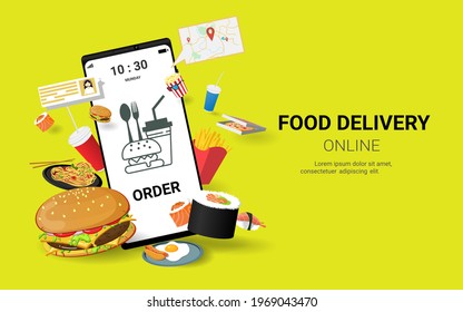 Food delivery online on mobile phone. Shopping online. Online food order. Internet e-commerce. concept for website or banner. 3D Perspective Vector illustration