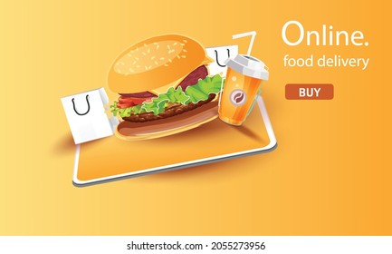 food delivery online on phone orange background vector illustration fastfood design concept business shop promotion transport  to home